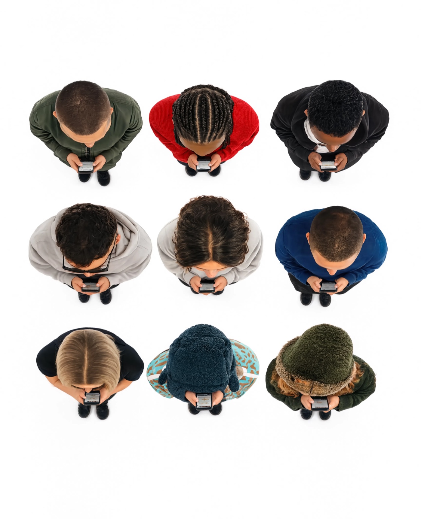 Nine people photographed from directly above, each one hunched over a phone.